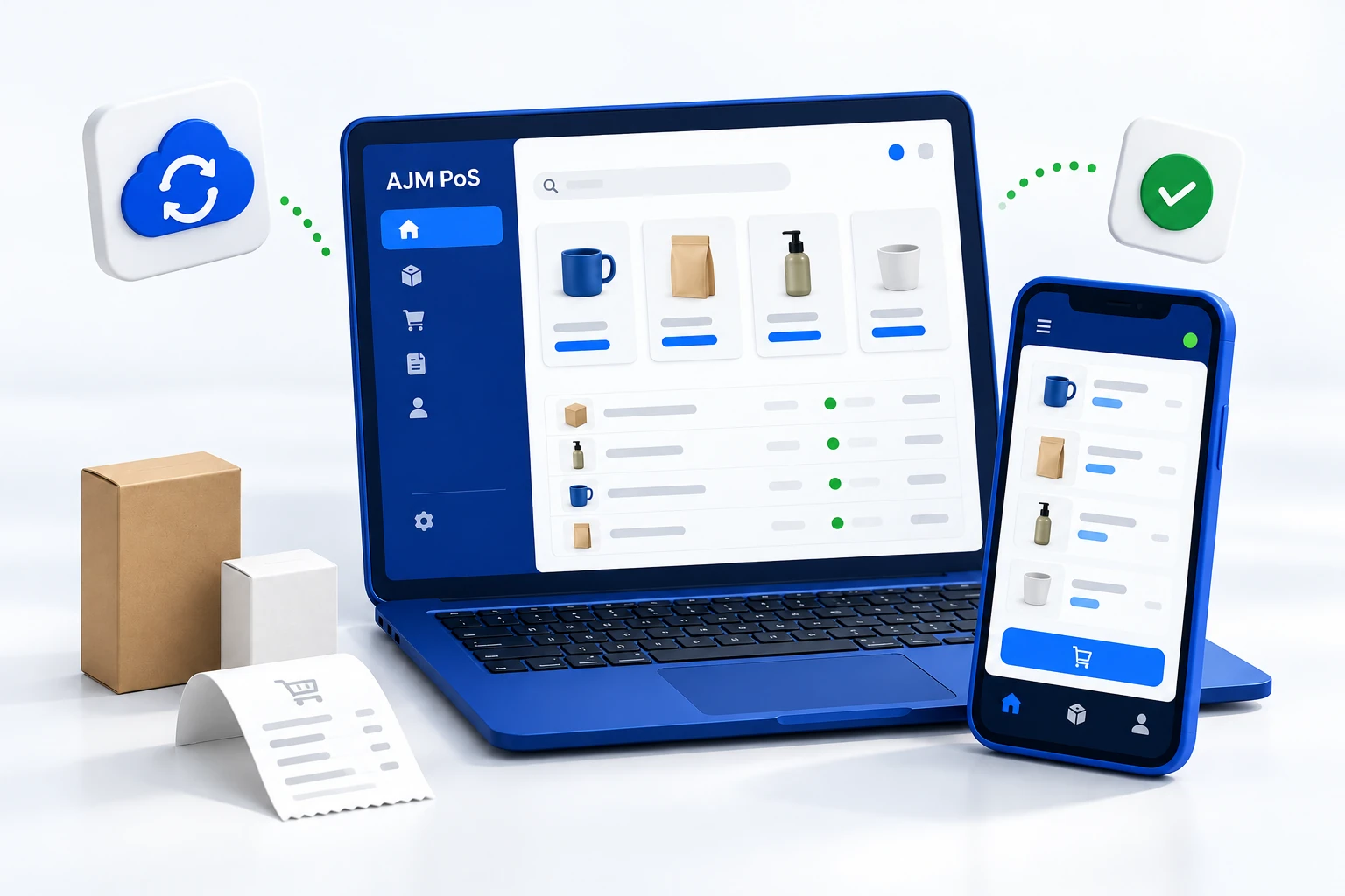 3D illustration of AJM PoS on a blue laptop and phone, with a receipt and offline sync symbols