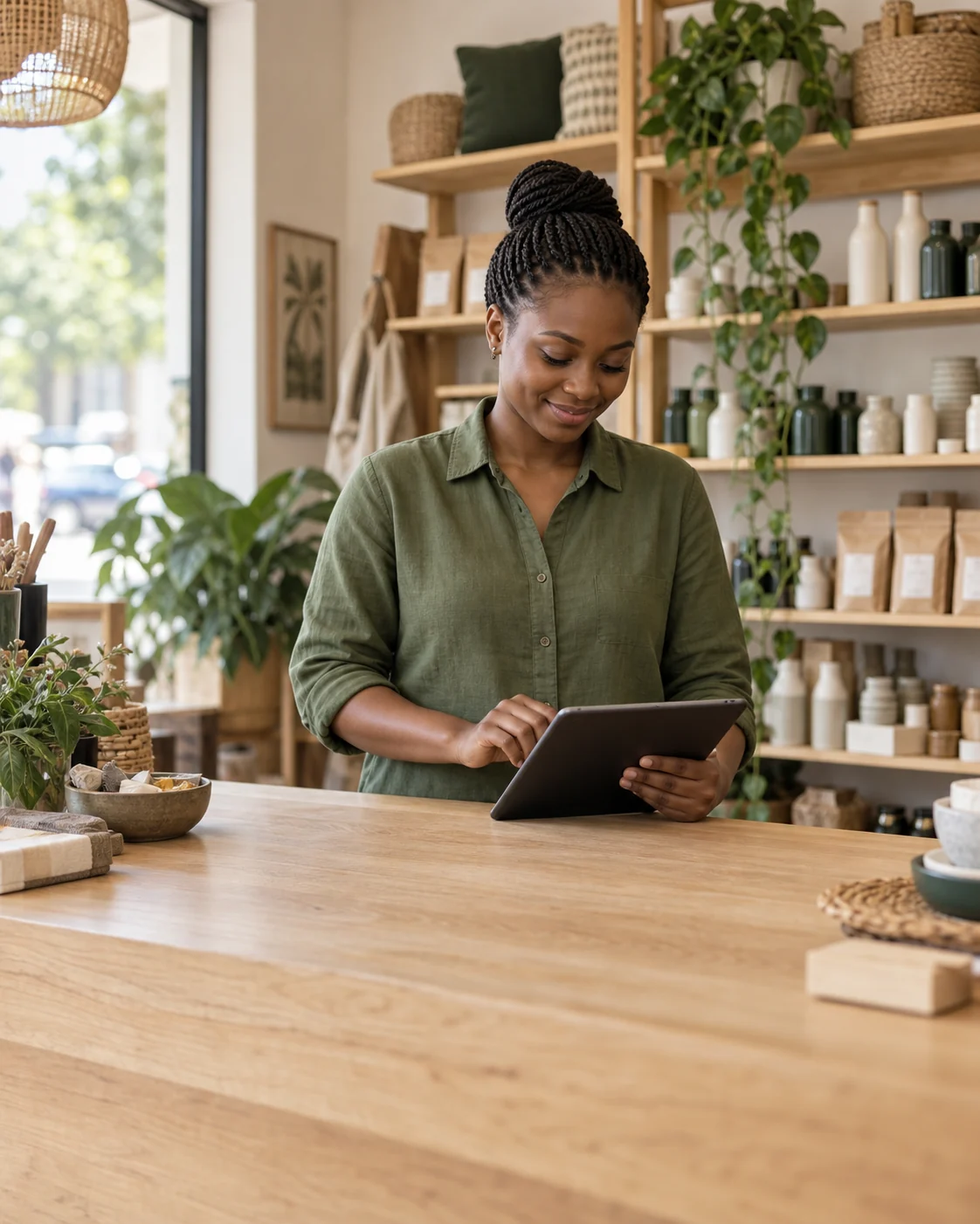 Illustrative scene of a Ghanaian shop owner using a tablet at her shop counter