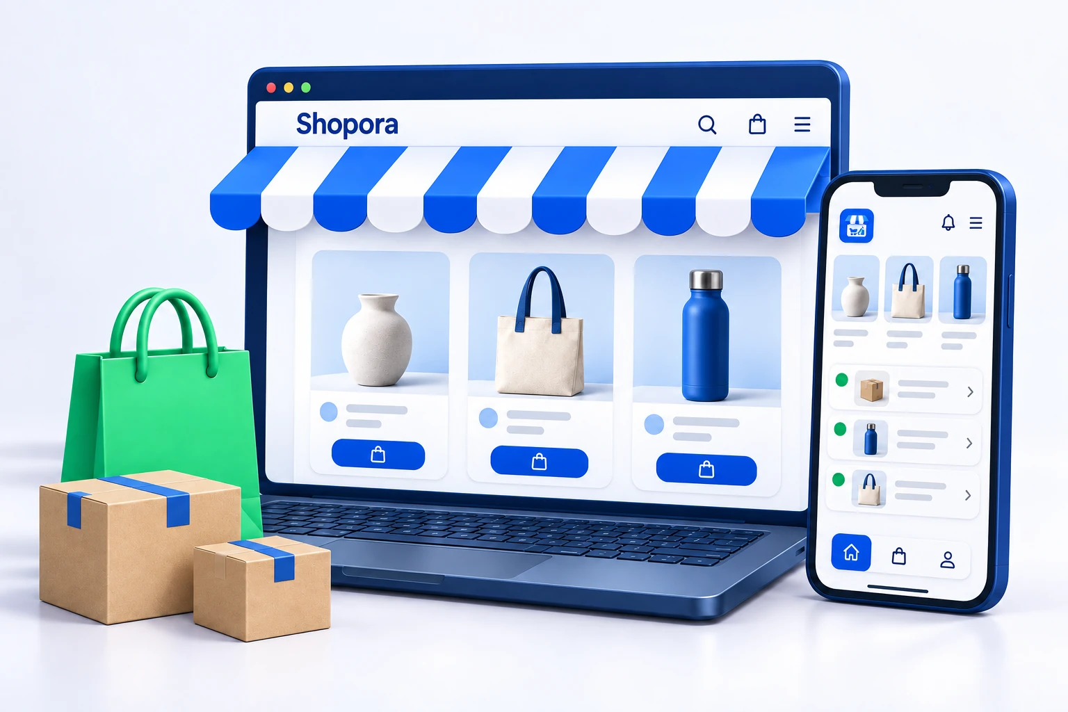 3D Shopora concept with a royal-blue online storefront, merchant phone, emerald shopping bag and parcels